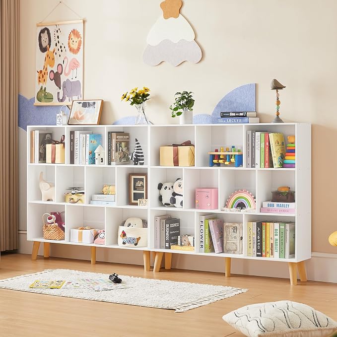 LEYAOYAO 10 Cube Bookshelf,3 Tier Modern Wide Bookcase with Legs,Mid-Century Wood Bookshelves Storage,White Large Book Case,Freestanding Organizer Display Shelf for Bedroom,Living Room,Office