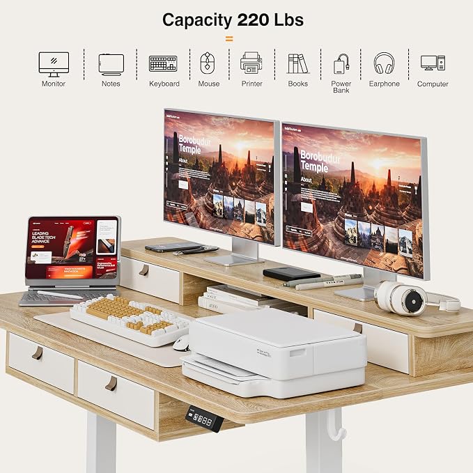 Grandder Electric Standing Desk with Four Drawers, Sit to Stand Up Height Adjustable Desk with Storage Shelf for Home Office, 55 * 24 Inch, Study, Ergonomic Adjustable Computer Desk, Oak