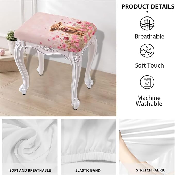Covers for Bar Stool Seats Highland Cow Daisy Foot Stool Covers Rectangular Valentines Party Decortaion Rectangle Stool Cover Stretch Seat Covers for Bar Stool Chairs