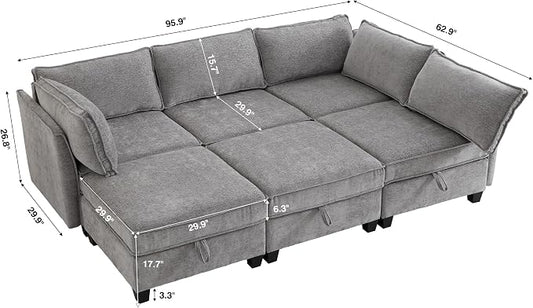 ORRD Sleeper Modular Sectional Sofa Set, Convertible Couch Bed with Storage, 6 Seater and 3 Armrestes Sofa Modular for Living Room, Office (Grey)