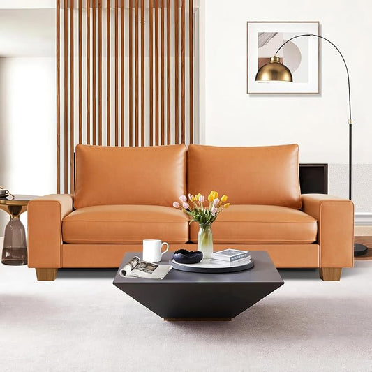 Valthie Faux Leather Couch, Mid Century Modern Comfy Loveseat Sofa with Wide Arm, Side Pockets, Solid Wooden Frame for Office, Living Room and Bedroom, 3 Seater (Brown, 88.58 inches)