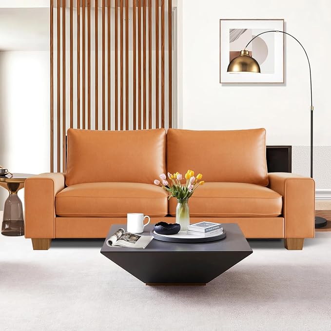 Valthie Faux Leather Couch, Mid Century Modern Comfy Loveseat Sofa with Wide Arm, Side Pockets, Solid Wooden Frame for Office, Living Room and Bedroom, 2 Seater (Brown, 71.25 Inches)