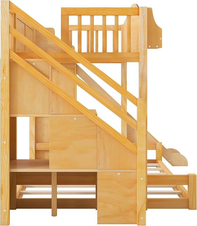 RUNNA Twin Over Full Bunk Bed with Slide,Storage Stairs,Shelf | Twin over full bunk bed with slide, storage stairs, overhead shelf, solid wood, guardrails, no box spring needed
