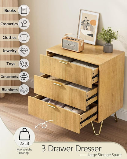 Oak Dresser for Bedroom, Modern Fluted 3 Drawer Dresser with Storage, Dresser Chest of Drawers with Gold Handles for Bedroom, Living Room, Closet, Hallway, 15.8" D x 23.6" W x 27.6" H