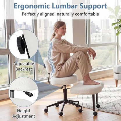 DUMOS Ergonomic ADHD Cross Legged Office Desk Chair with Adjustable Backrest, Height Adjustable Meditation Chair with 360° Swivel Footstool, Teddy Fleece Yoga Stool for Home Office, White