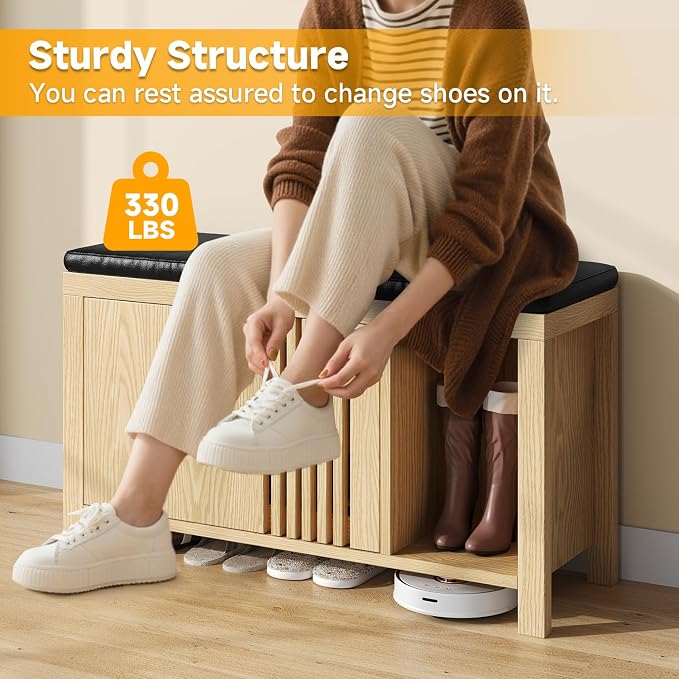 UNIQUITE 40" Shoe Storage Bench with Flip Drawers & Padded Seat Cushion, Open Compartments & Slatted Doors, Entryway Bench with Shoe Storage for Entryway, Hallway, Living Room, Bedroom, Natural