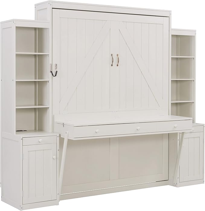 Merax Queen Size Murphy Bed with Desk and Lights, Power Outlet, Foldable Murphy Cabinet Bed with Open Storage Shelves & Drawers, Wood Space-Saving Hidden Wall Bed for Guest Room Office, Antique White
