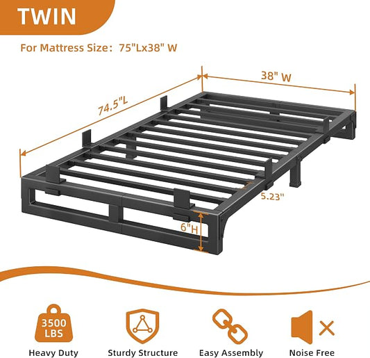 Twin Bed Frames, 6 Inch Metal Platform Bed Frame with Squeak Free U-Slot Design, 6 Non-Slip Guards, 3500lbs Heavy Duty Steel Slat Support, No Box Spring Needed, Under Bed Storage, Black