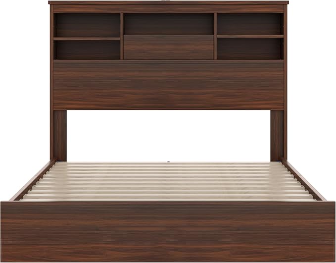 5 Piece Bedroom Furniture Sets, Rustic Style Bedroom Furniture Sets with 1 Queen Size Platform Bed, 2 Drawers and 1 Dresser for Living Room, Farmhouse Bedroom Set, Walnut