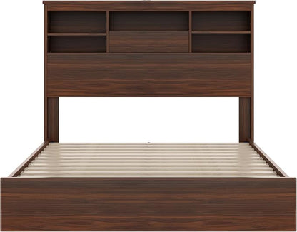 5 Piece Bedroom Furniture Sets, Rustic Style Bedroom Furniture Sets with 1 Queen Size Platform Bed, 2 Drawers and 1 Dresser for Living Room, Farmhouse Bedroom Set, Walnut