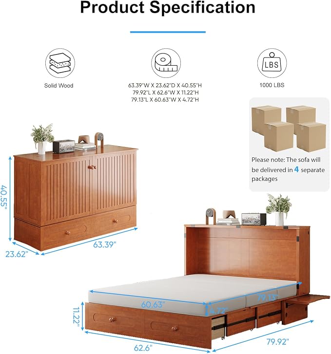 PUREMIND Queen Murphy Bed with Mattress Included, Folding Convertible Bed, Hideaway Cabinet Bed with Storage Drawer & USB Charging Station, Space Saving Wallbed for Small Spaces, Cherry