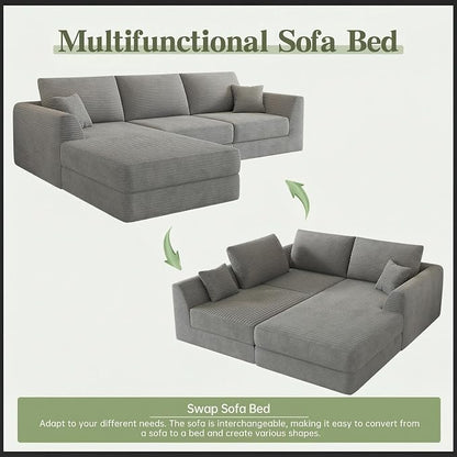 106" Modular Sectional Sofa with Deep Seat, L-Shaped Corduroy Couch with Reversible Chaise, 3-Piece Set for Living Room Bedroom Apartment, No Assembly Required | Modular Design