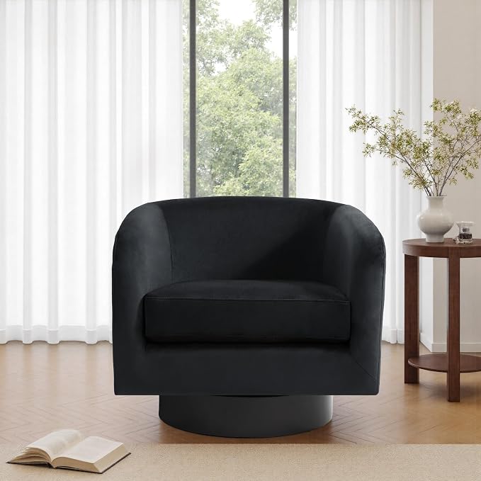 Swivel Barrel Accent Chairs Set of 2, Velvet Upholstered Armchair Modern Round Club Arm Chair for Living Room, Comfy Single Sofa Seating Bedroom Side Reading Seat for Home Office - Black