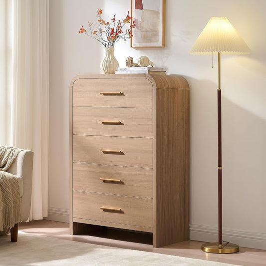 Curved 5 Drawer Dresser for Bedroom, 31'' Wide Chest of Drawers, Modern Storage Cabinet for Hallway & Living Room TV Stand, FSC Certified 1.18" Thick Board, 100 lbs Top Weight, Oak