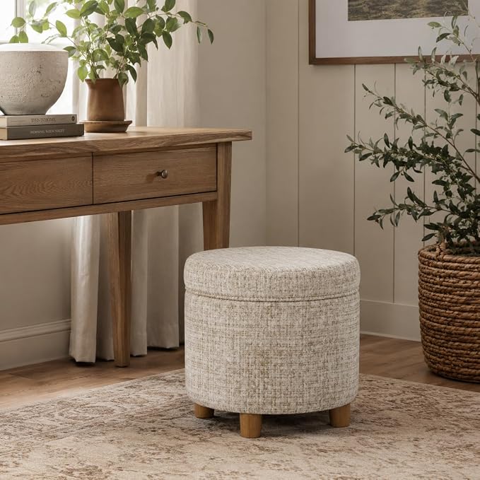 HomePop 19" Round Storage Ottoman - Cream Textural Woven