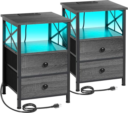 AMHANCIBLE Night Stand Set of 2 with Charging Station and LED Lights, Large 2-Drawer Bedside Tables with USB Ports and AC Outlets, Modern Nightstand for Bedroom, Dark Grey HET052LDG