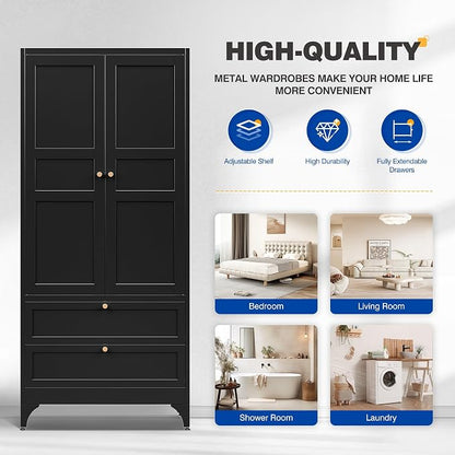 BYNSOE Metal Armoire Wardrobe Closet with 2 Drawers 71'' Wardrobe Cabinet with Drawers and Hanging Rail Metal Closet with Adjustable Shelves for Bedroom. (Black, with 2 Drawers)