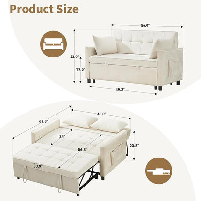 Tbfit 57" Convertible Sofa Bed, Chenille Futon Sleeper Sofa Couch with Pullout Bed, USB & Adjustable Backrest, Full Size Pull Out Loveseat Couches for Living Room, Apartment, Office, Dorm, Beige