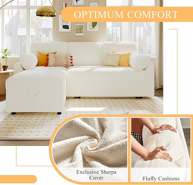 PaPaJet Sofa Bed, Sleeper Sofa with Storage Chaise, L Shaped Sofa with Pull Out Bed, Oversized Sofas for Living Room-White Boucle