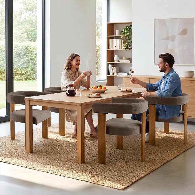 VIRRMO Boucle Dining Chair Set of 2 Terry Upholstered Dining Room Chairs Kitchen Chairs with Wood Legs Mid Century Modern Chair for Dining Room, Kitchen (Wood-Brown, 4)