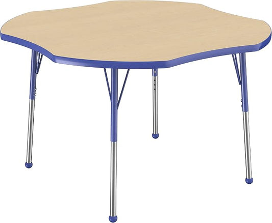 FDP Clover Activity School and Office Table (48 x 48 inch), Standard Legs with Ball Glides for Collaborative Seating Environments, Adjustable Height 19-30 inches - Maple Top and Blue Edge