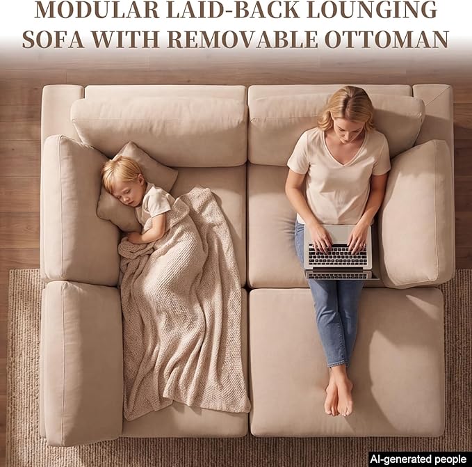 Modular Cloud Sectional Couches for Living Room, Oversized Modular Sectional Sofa with Ottoman, L Shaped 3 Seater Couch with Pillow, Light Camel