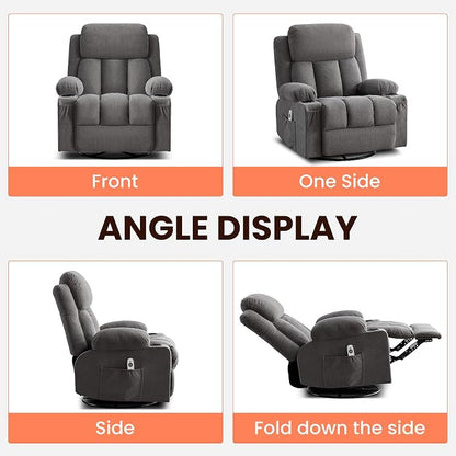 MAHOMICO Swivel Rocker Recliner Chair with Vibration Massage and Heat for Living Room,with Rocking Function and Side Pocket, USB Charge Port,2 Cup Holders