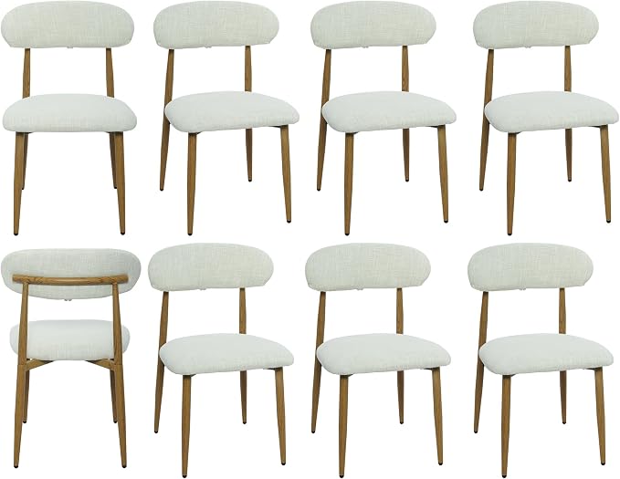FREKEN Modern Upholstered Dining Chairs Set of 8, Mid-Century Metal Frame with Wood Grain, Linen Fabric Side Chair for Kitchen Dining Room, 350lbs Capacity, Beige