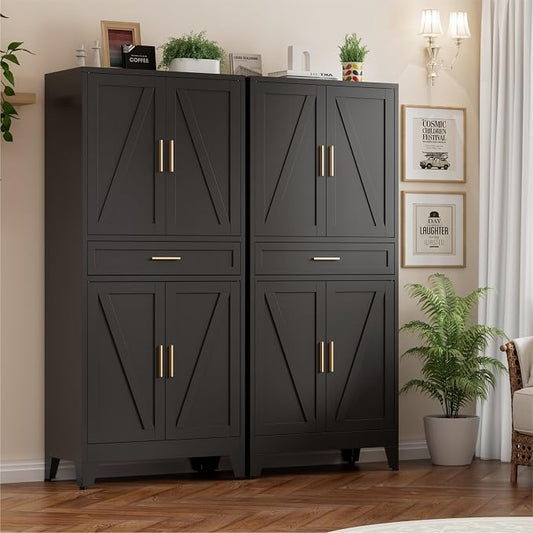 Metal Storage Cabinets with Drawer, 71" Filing Cabinet with 4 Adjustable Shelves & 4 Doors, Modern Abstract Rhombus Geometric Design File Cabinet for Home,Office,Garage,Shop,School, Black