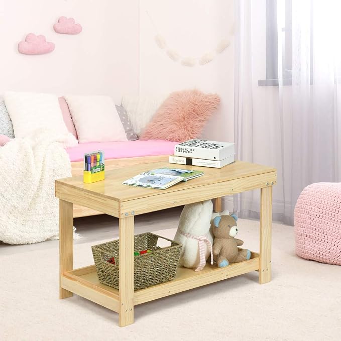 Costzon 2 in 1 Kids Activity Table w/Storage, Patented Building Block Table w/Board for Bricks Crafts Arts Draw, Children Solid Wood Play Table Desk for Preschool Toddler Boy & Girl Gift, Natural