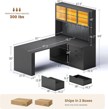 SEDETA L Shaped Computer Desk, L Shaped Corner Gaming Desk with 3 Wood Drawer and Large Bookshelf, Home Office Desk with LED Light, Display Cabinet and Pegboard, 27.5" W Large Desktop Table, Black