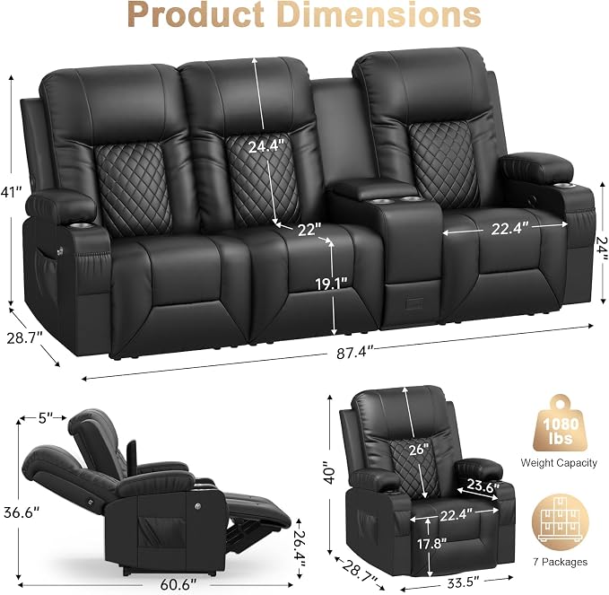 Recliner Sofa Set, 3 Seat Recliner Couch and Recliner Chair with Heat & Massage, Home Theater Seating with Console & Drawer, Wall Hugger Reclining Couch with USB Ports & Phone Holders