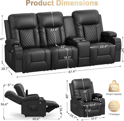 Recliner Sofa Set, 3 Seat Recliner Couch and Recliner Chair with Heat & Massage, Home Theater Seating with Console & Drawer, Wall Hugger Reclining Couch with USB Ports & Phone Holders