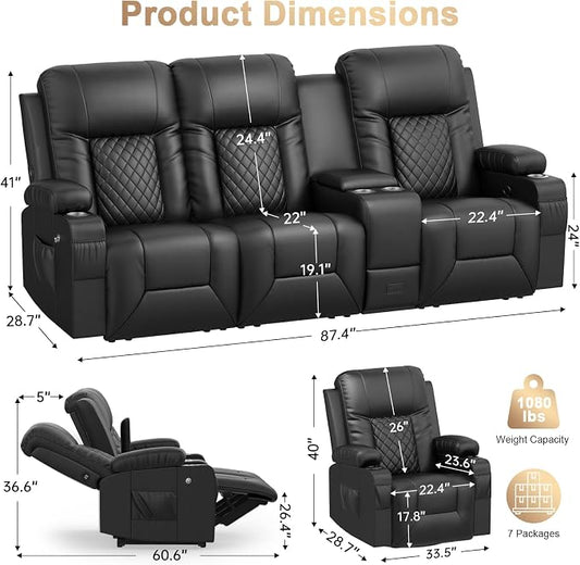 Recliner Sofa Set, 3 Seat Recliner Couch and Recliner Chair with Heat & Massage, Home Theater Seating with Console & Drawer, Wall Hugger Reclining Couch with USB Ports & Phone Holders