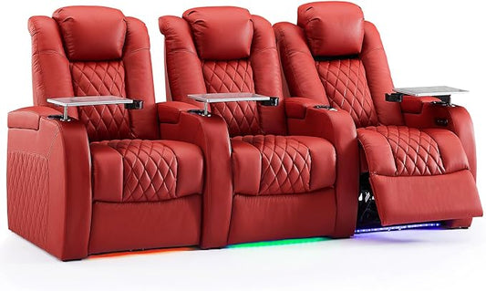 Weilianda Home Theater Seating Top Grain Leather Zero Gravity Recliner Chair Power Headrest Recline Movie Seat Gaming 7 Colors Mood Light Sofa with Tray Table USB Charge Row of 3 Red