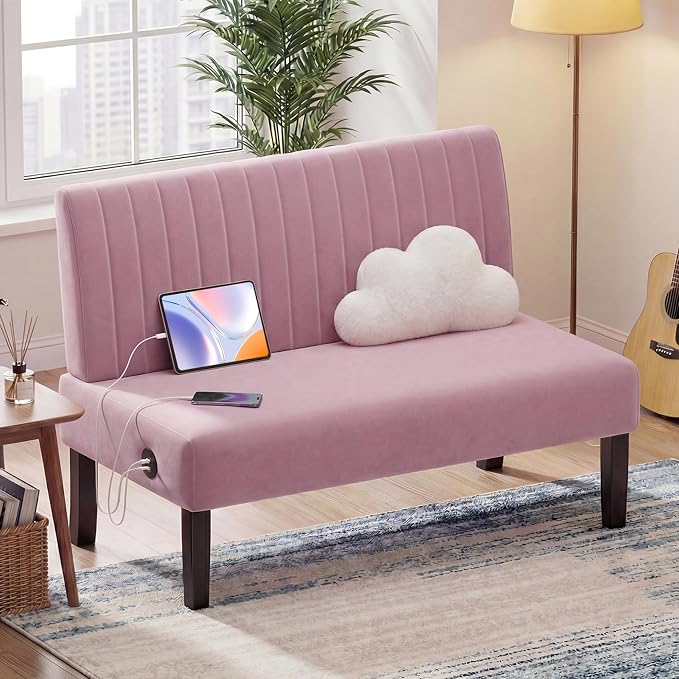 STHOUYN Mini Small Comfy Couch Armless Loveseat Sofa for Bedroom with USB Port, Velvet Couches for Small Spaces Living Room, Apartment Office Dorm (Pink)