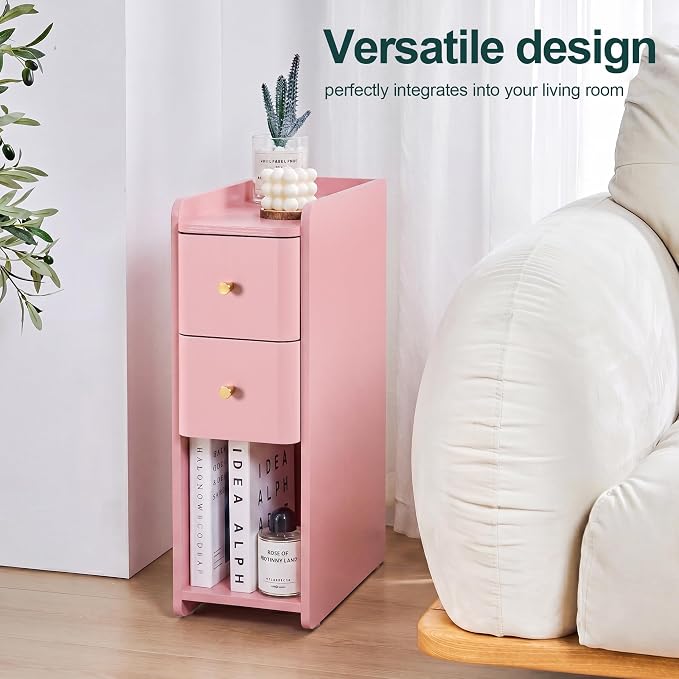 Pink Narrow Nightstand, Wooden Small 2 Drawer Nightstand, Slim Side End Table, Skinny Bedside Table, Mid Century Modern Night Stand with Drawers, for Living Room (Pink-1 pc)