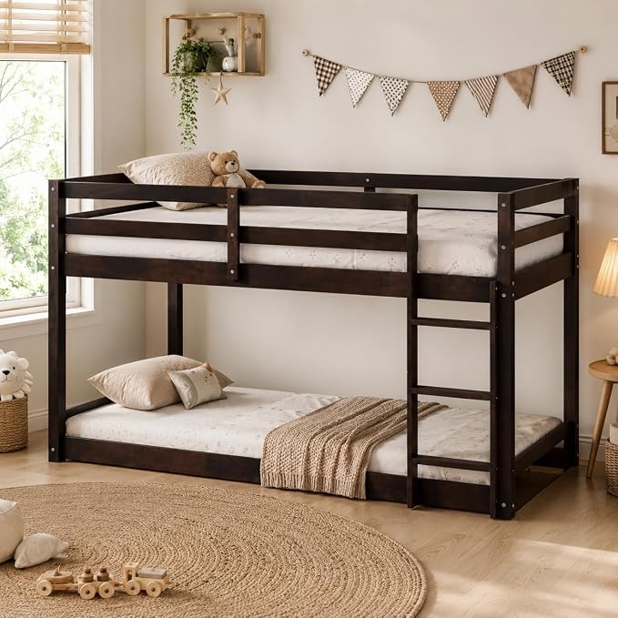 Twin Over Twin Bunk Bed, Low Profile Wooden Frame for Kids Bedroom, Floor Bunk with Ladder and Guardrails, Rubber Wood Construction, 13 Plywood Slats, No Box Spring Needed (Espresso)
