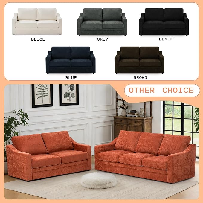 67” Chenille Loveseat Sofa w/Comfortable Back Cushions, Orange | Modern 2-Seat Couch w/Deep Seat Space, Upholstered 2 Seaters Sofa w/High Resiliency Foam for Living Room