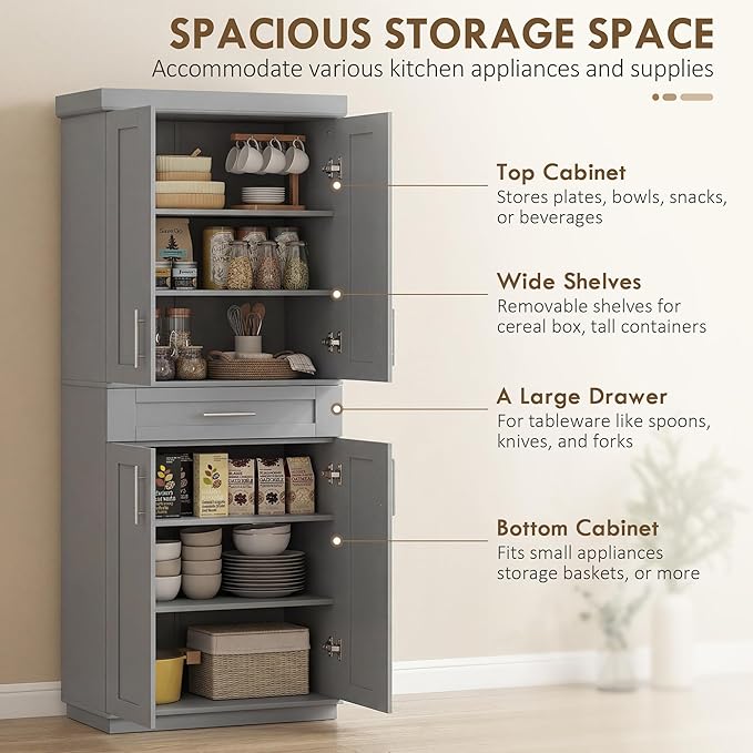 HOMCOM 72" Kitchen Pantry Cabinet, Freestanding Tall Storage Cabinet with 4 Doors, Drawer and 3 Adjustable Shelves for Dining Room, Gray