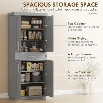 HOMCOM 72" Kitchen Pantry Cabinet, Freestanding Tall Storage Cabinet with 4 Doors, Drawer and 3 Adjustable Shelves for Dining Room, Gray