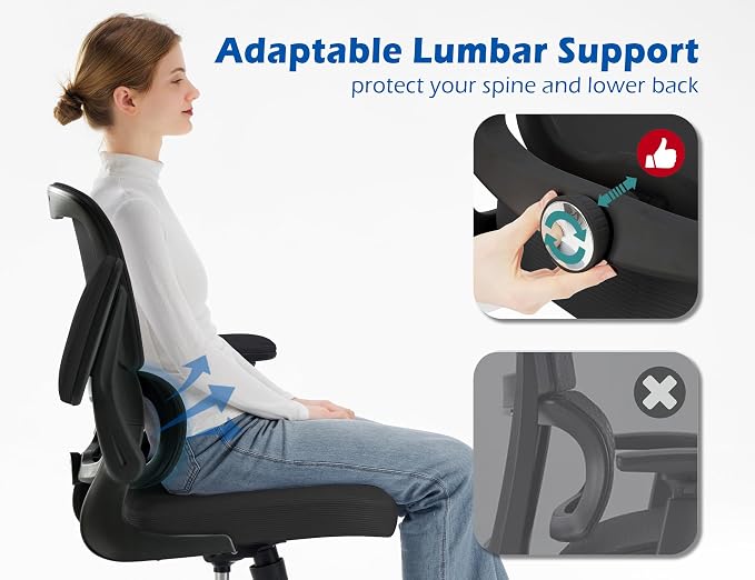 TRALT Ergonomic Office Chair - Desk Chair with Adjustable Lumbar Support Computer Chair - Mesh Comfy Chair with Flip-up Armrests - Gaming Chairs for Adults Home Office (Leather, Black)
