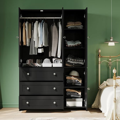 VOWNER Armoire Wardrobe Closet with Drawers and Mirror, 71" Clothing Storage Cabinet with Hanging Rod, 4 Doors Wooden Wardrobe Cabinet for Bedroom, Large Capacity Storage