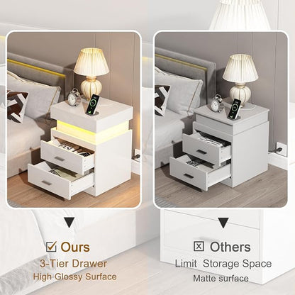 ChooChoo LED Nightstand with Charging Station, Smart Night Stand with Sliding Top Storage, 2-Drawers High Gloss Bedside Table, Modern End Table for Bedroom,White