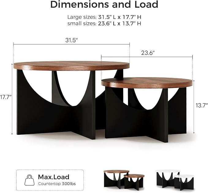 LIKIMIO Nesting Coffee Tables Set of 2, 31.5" Round Side Tables for Living Room, Wooden End Table, Walnut