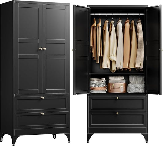 Letaya 71" Metal Wardrobe Cabinets with 2 Drawers,Steel Armoire Wardrobe Closet with Doors and Shelves,Clothing Storage Cabinets with Hanging Rod for Bedroom, Gym, Cloak Room,Black