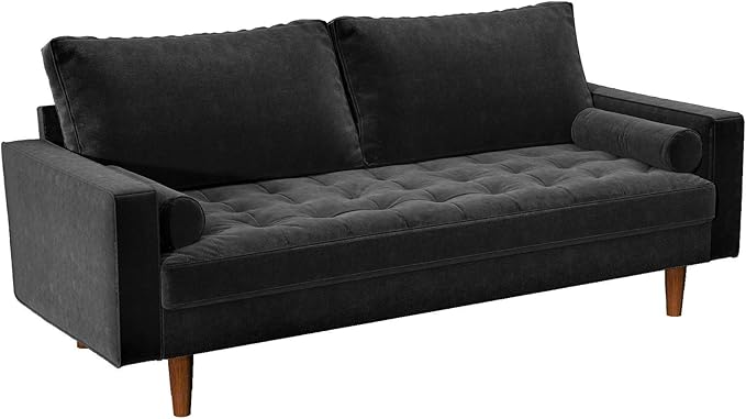 Container Furniture Direct Womble Mid Century Modern Velvet Upholstered Tufted Seat with Bolster Pillows, Sofa, Midnight