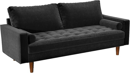 Container Furniture Direct Womble Mid Century Modern Velvet Upholstered Tufted Seat with Bolster Pillows, Sofa, Midnight