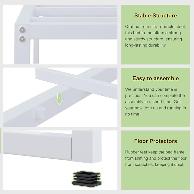 EMODA 12 Inch White Queen Bed Frame, Metal Queen Platform Bed Frame No Box Spring Needed, Heavy Duty Steel Slats Support, Easy Assembly, Noise Free