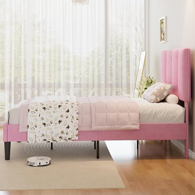VECELO Twin Size Bed Frame with Upholstered Headboard, Heavy-Duty Bedframe with Wooden Slats & Steel Framework, Easy Assembly, Velvet & Pink